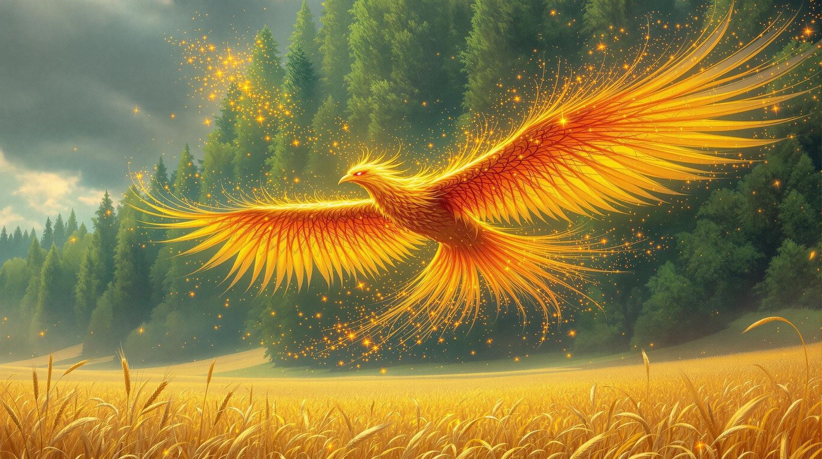 Majestic Phoenix Soaring Above Golden Wheat Field
