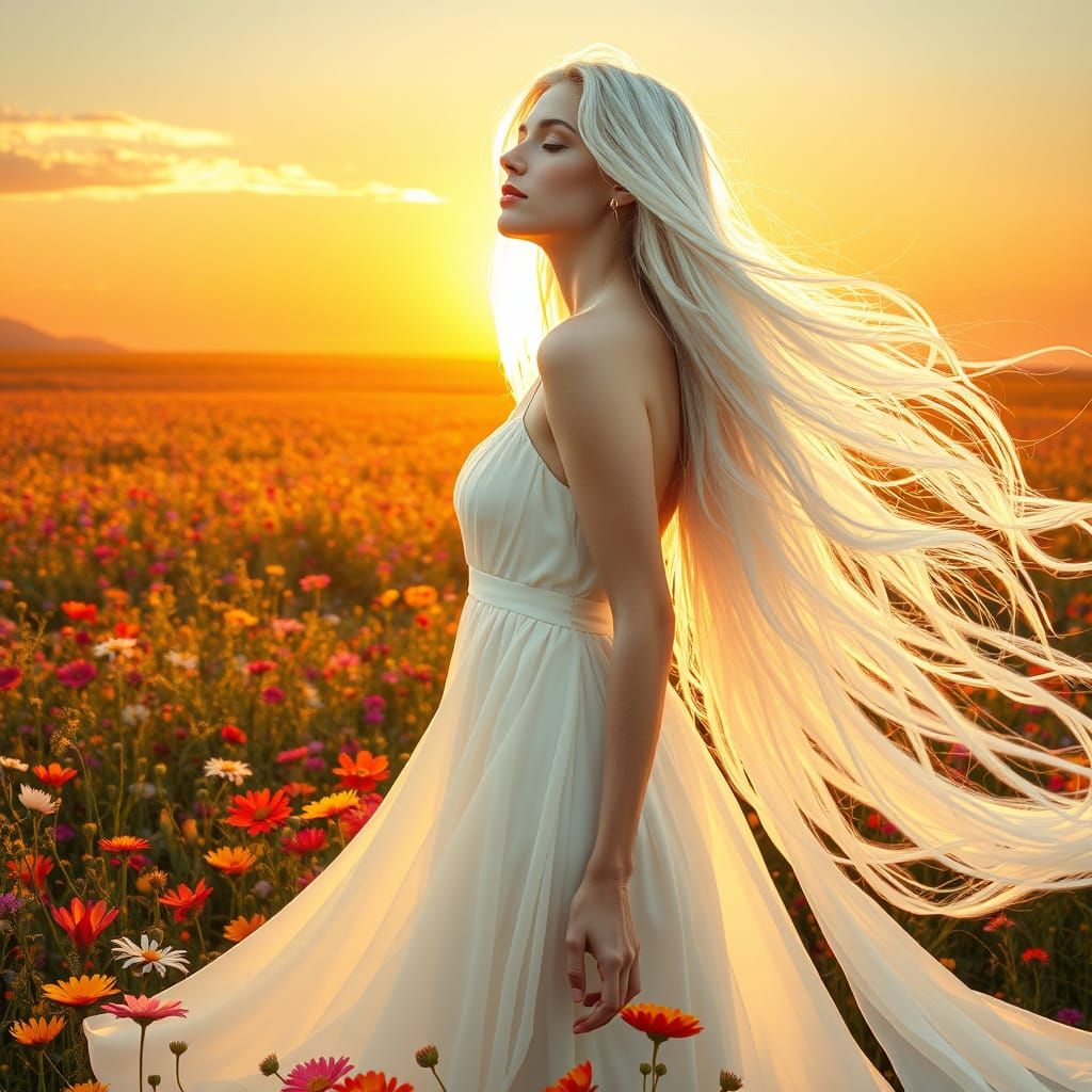 Woman in Wildflower Field: Art Nouveau Style