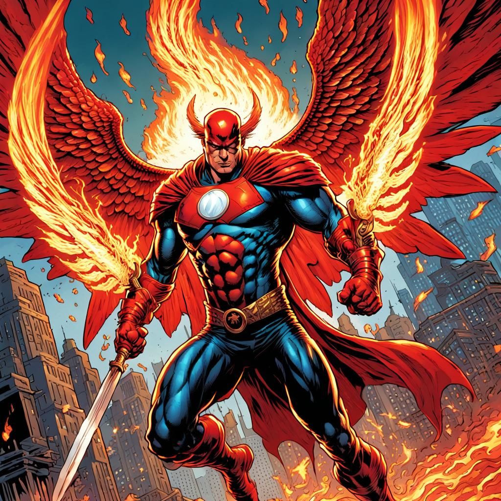 Fiery Winged Superhero with Flaming Swords