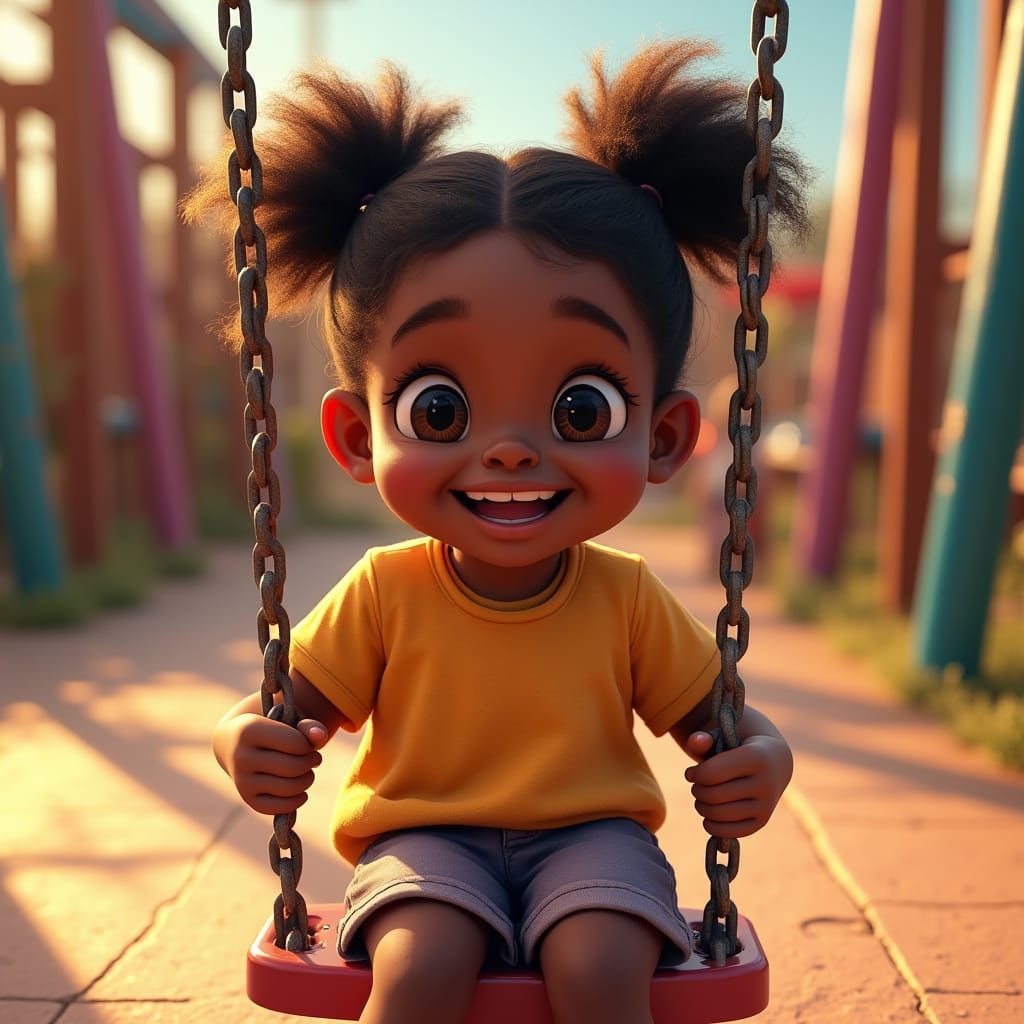 Joyful Child on Swing, Pixar-Inspired Portrait