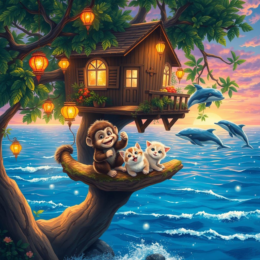 Whimsical Treehouse Scene with Baby Monkey, Kitten, and Glow...