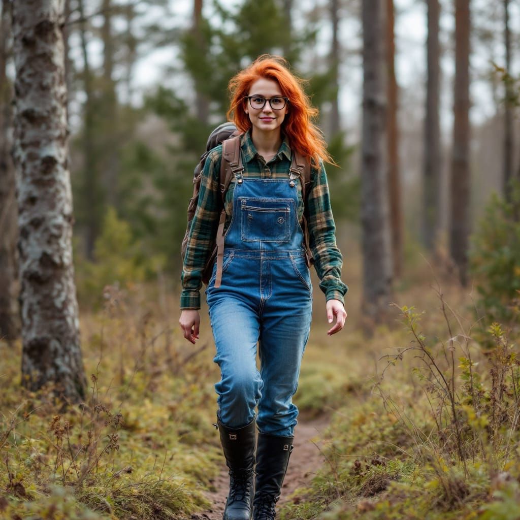 Red-Haired Woman Hiking in the Woods
