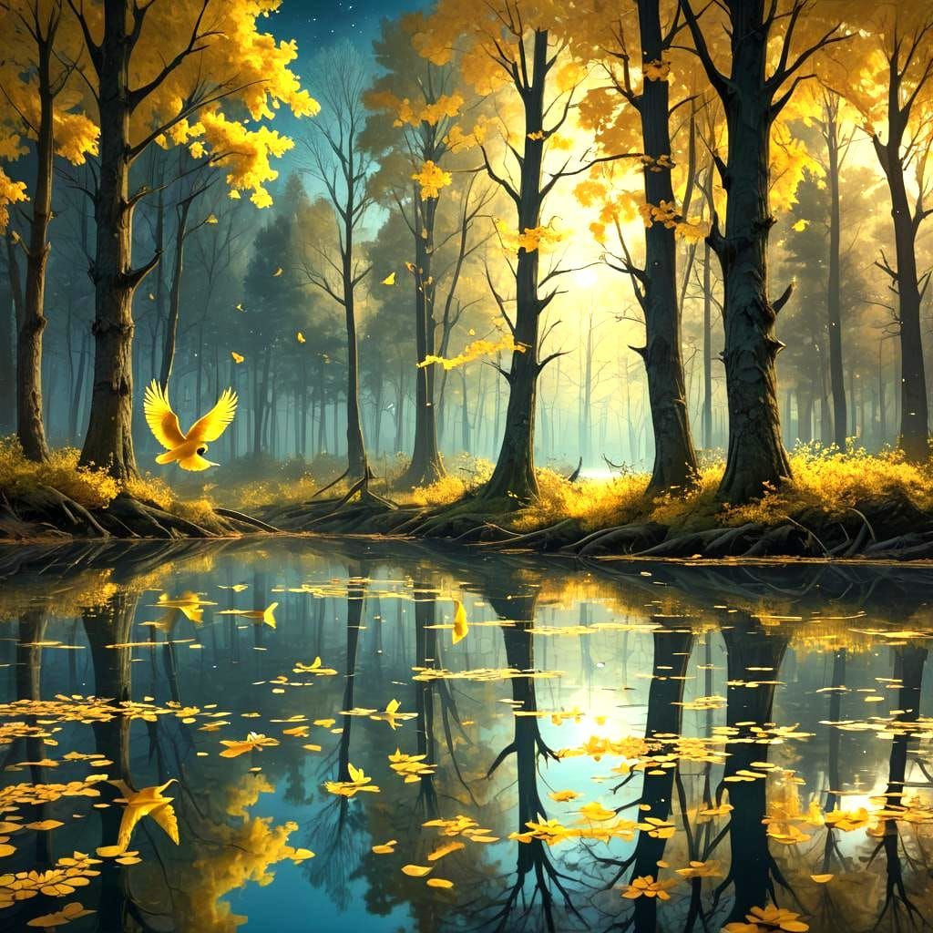 Autumnal Landscape with Yellow Flowers and Birds