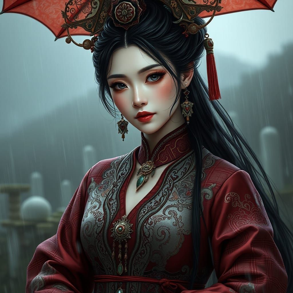 Elegant Necromancer in Rainy Landscape