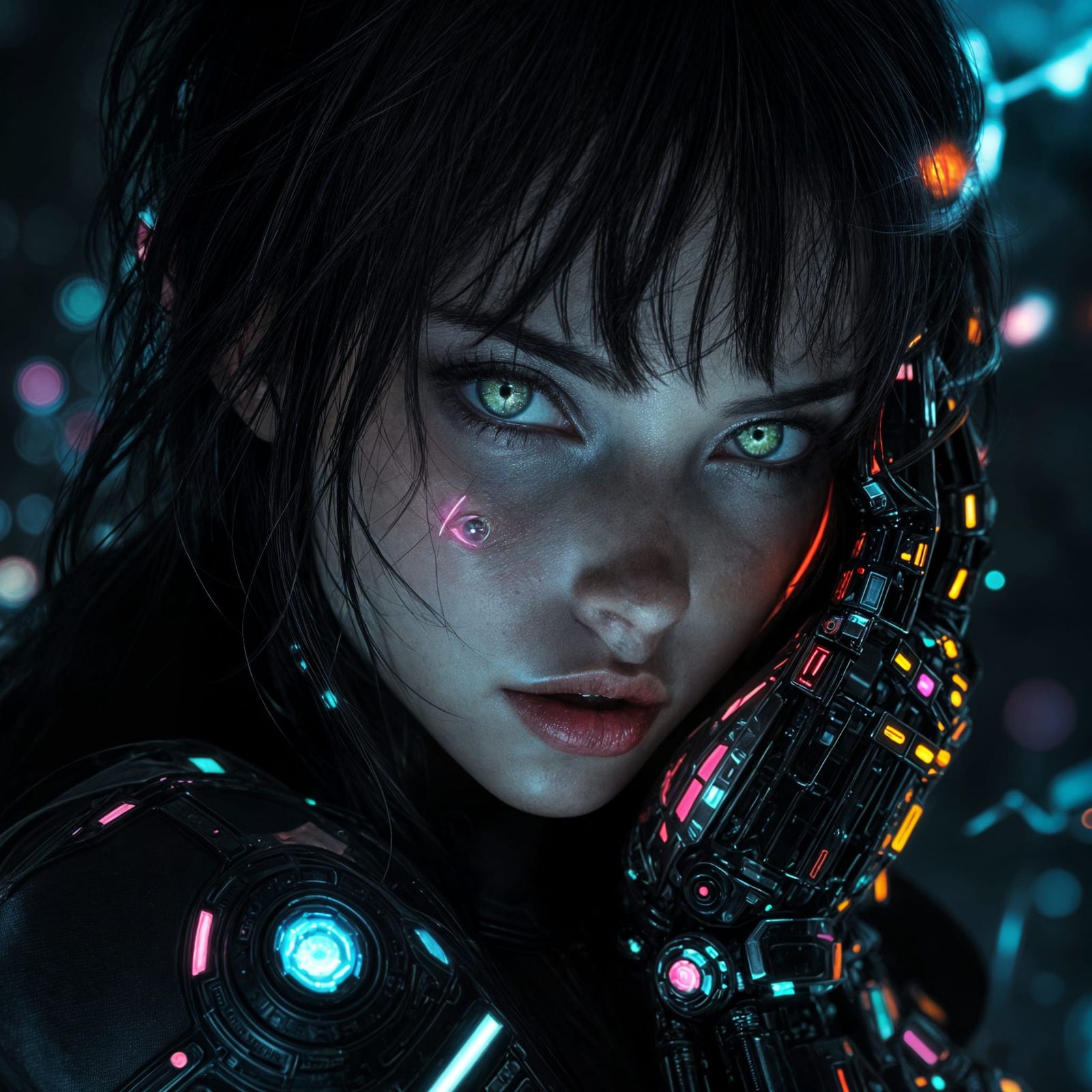 Cyberpunk Woman with Neon Tattoos in Anime Style