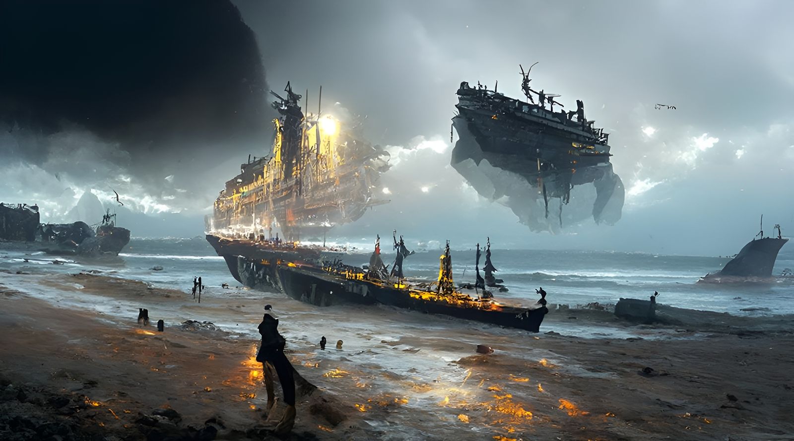 Ghost Ship Landing on Dark Beach, Digital Art