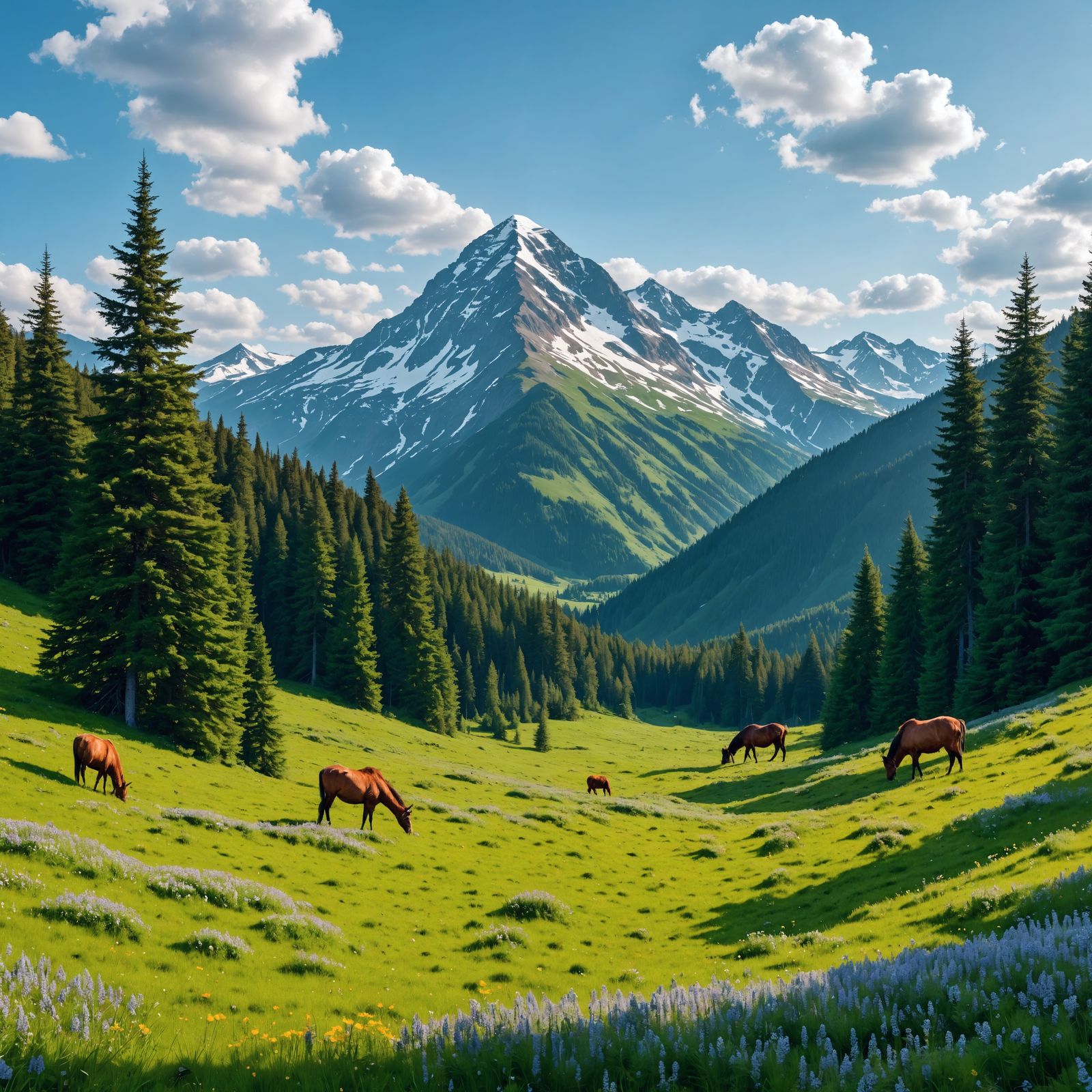 Springtime Wilderness: Spruce Trees, Flowers, and Mountain V...