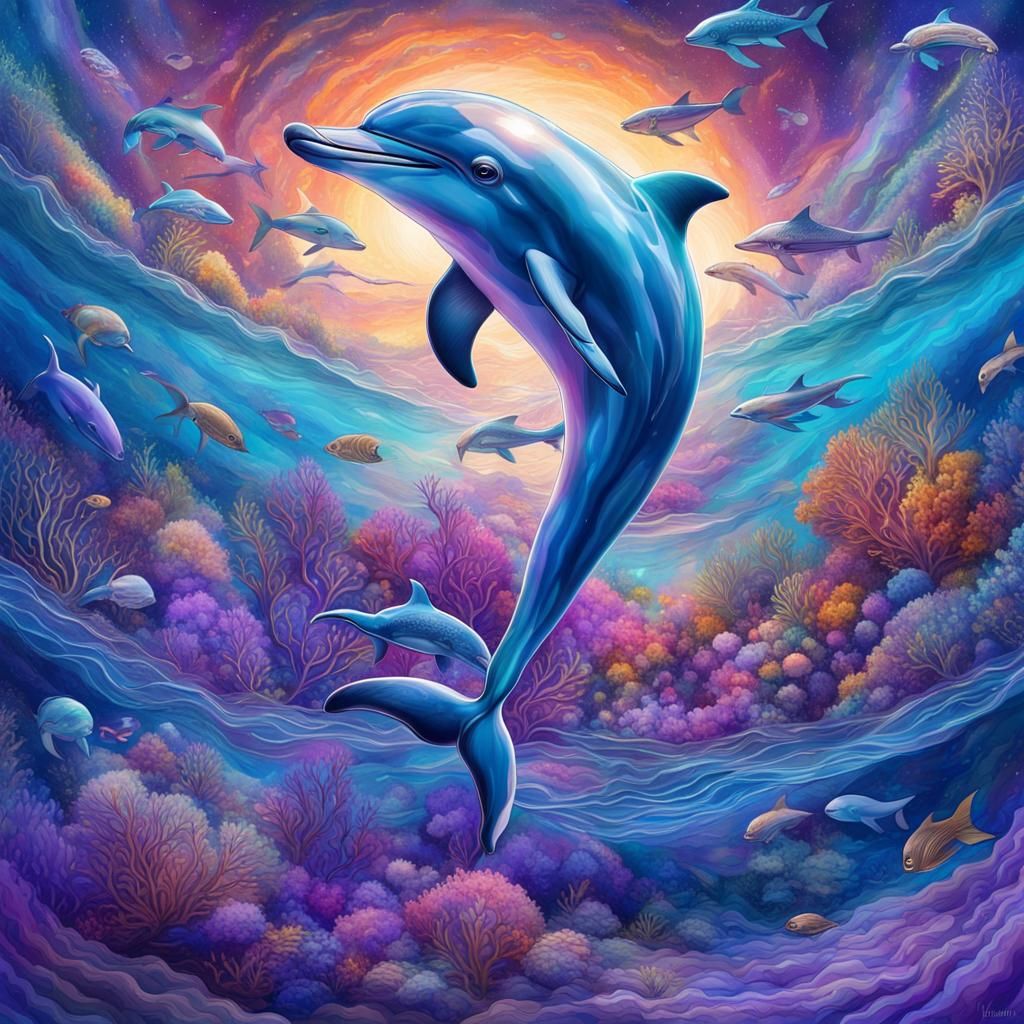 Dolphin in Holographic Astral Ocean Illustration