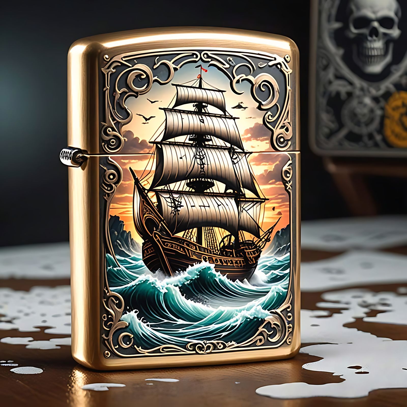 Traditional Pirate Longship Sails on Zippo in Hyperrealistic...