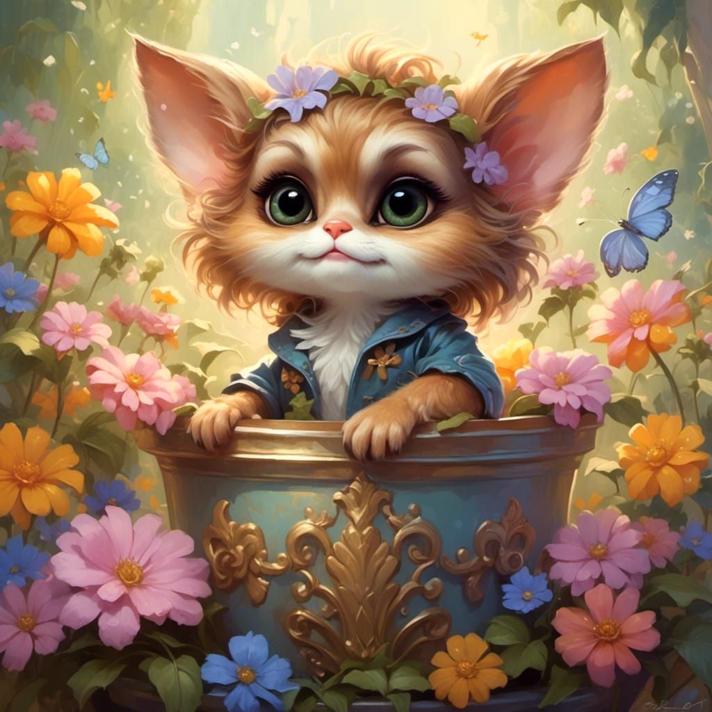 Chibi Gremlin in Flower Pot: Ethereal Concept Art