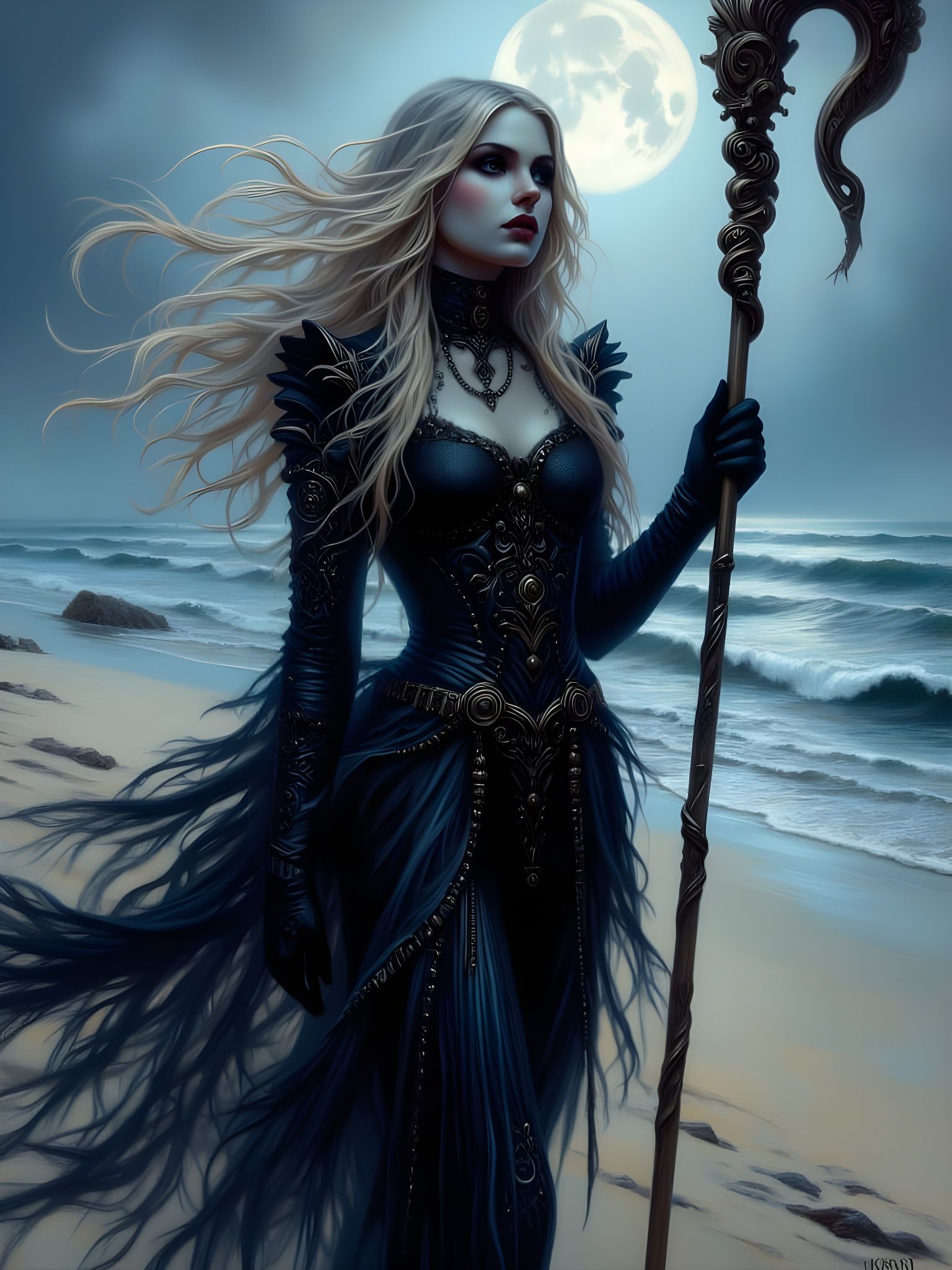 Ethereal Norse Goddess Strolls Along Foggy Beach at Sunset