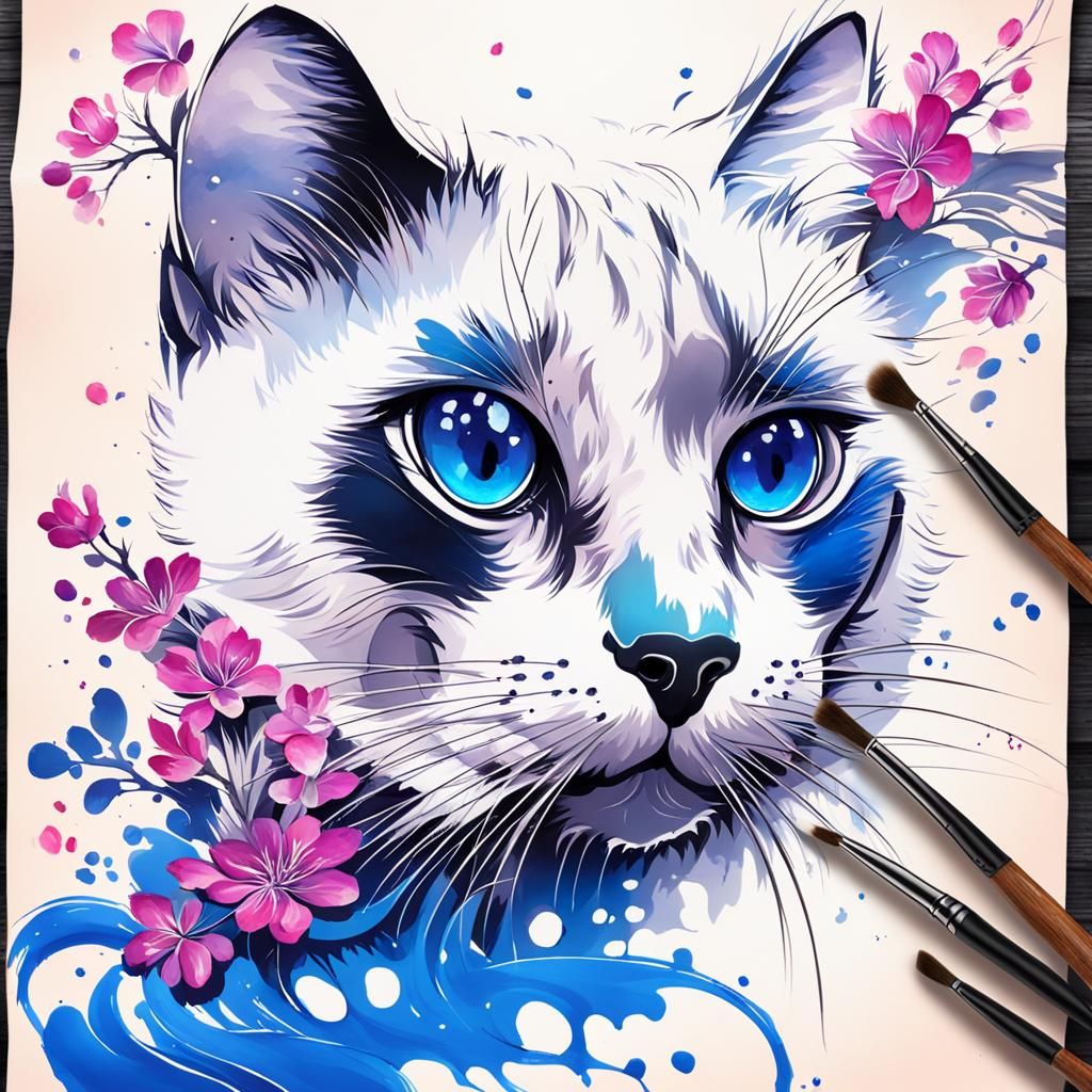 Siamese Cat Creates Inky Floral Scroll Painting