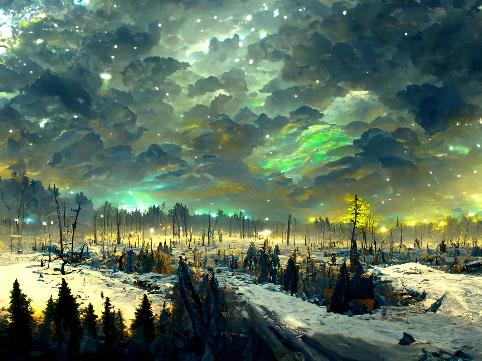 Post-Apocalyptic Aurora Landscape in Detailed Digital Painti...