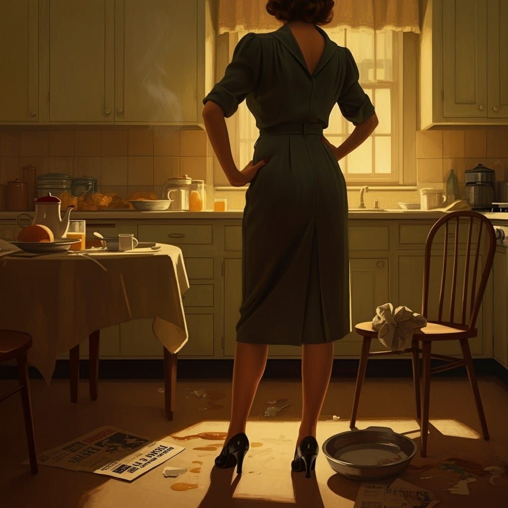1940s Film Noir Woman in Kitchen Scene