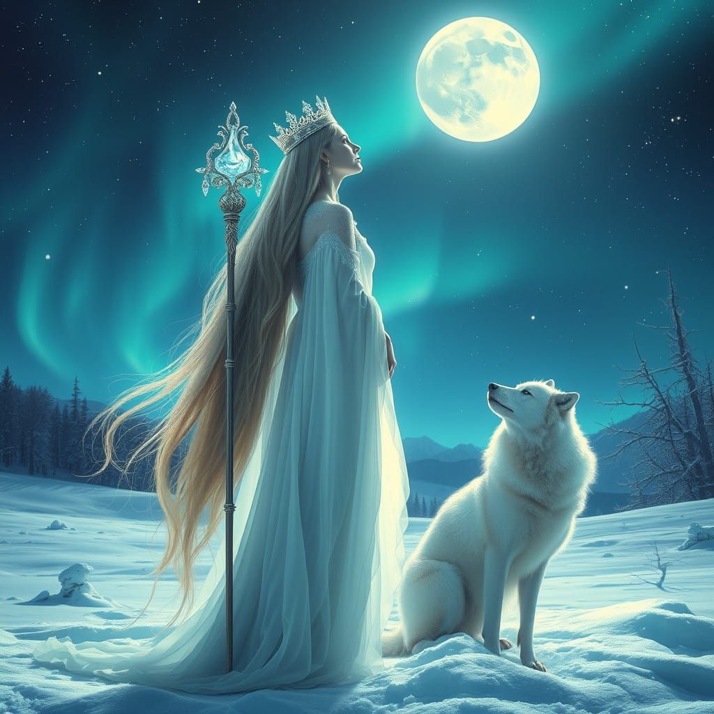 Regal Goddess in Icy Splendor, Surrounded by Majestic Wolf a...