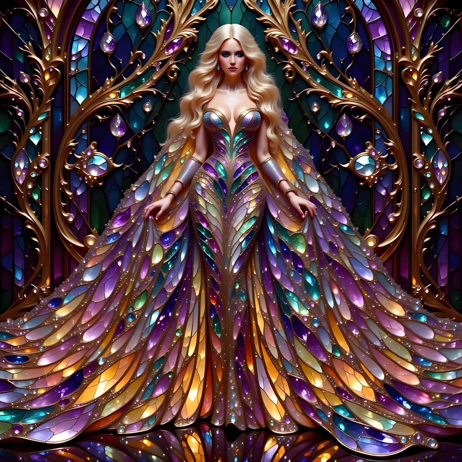 Woman in Gem-Like Dress with Prismatic Glow