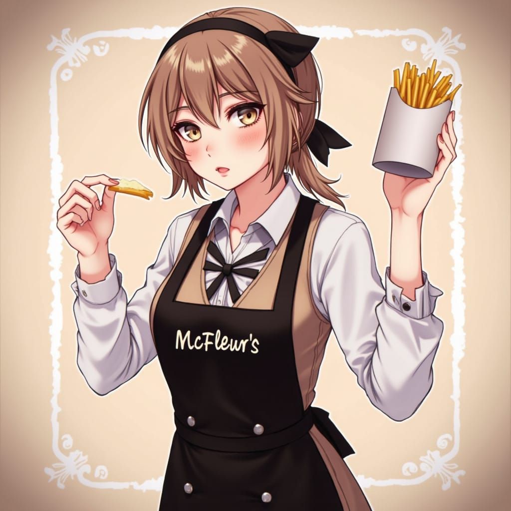 Restaurant Worker in McFleur's Uniform Holding Fries