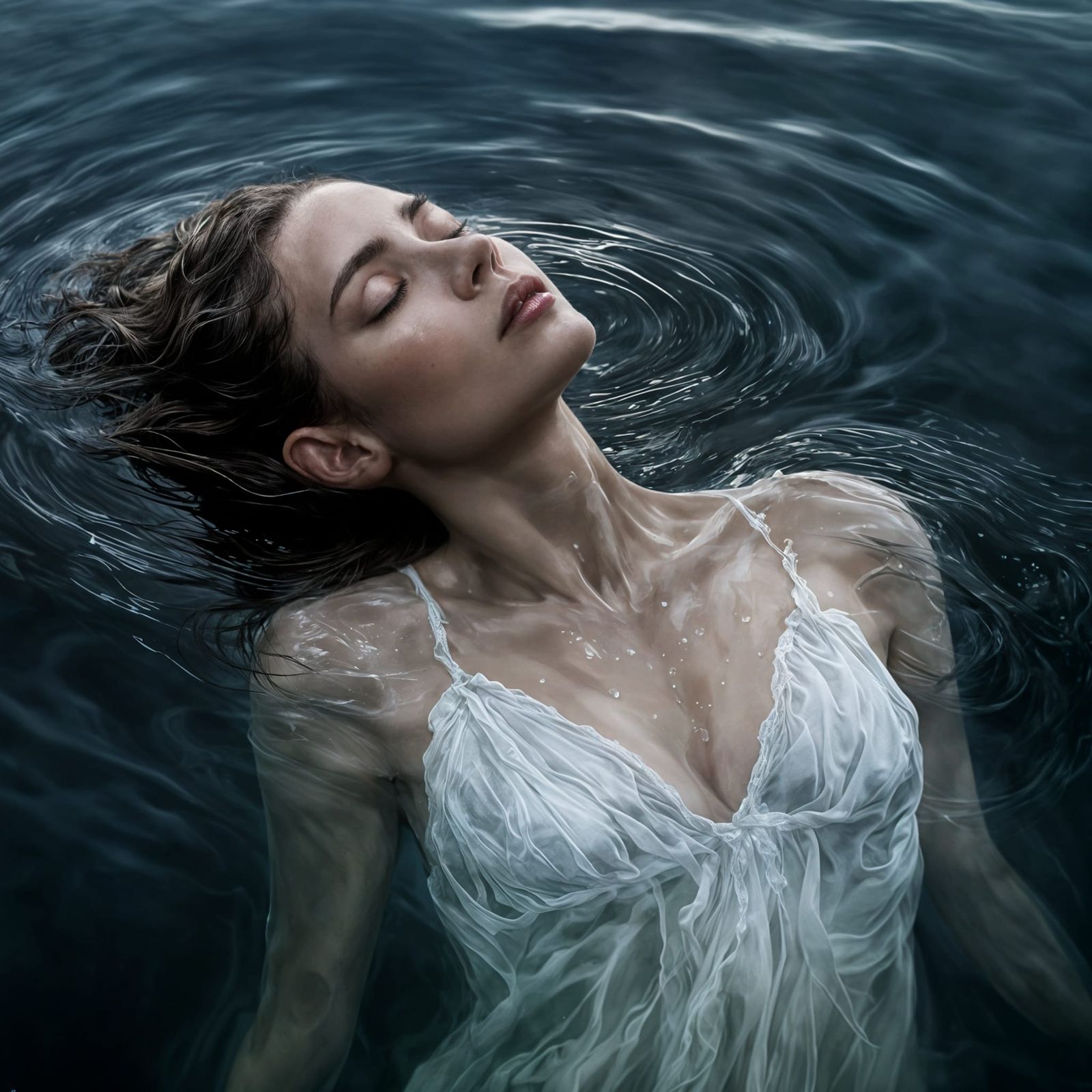 Ethereal Woman in Dark Waters: A Serene Surrealist Masterpie...