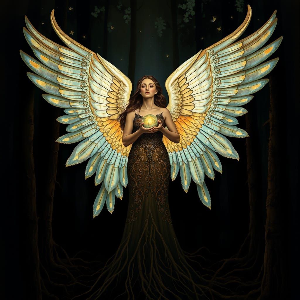 Woman with Iridescent Swan Wings, Inspired by Klimt's Golden...