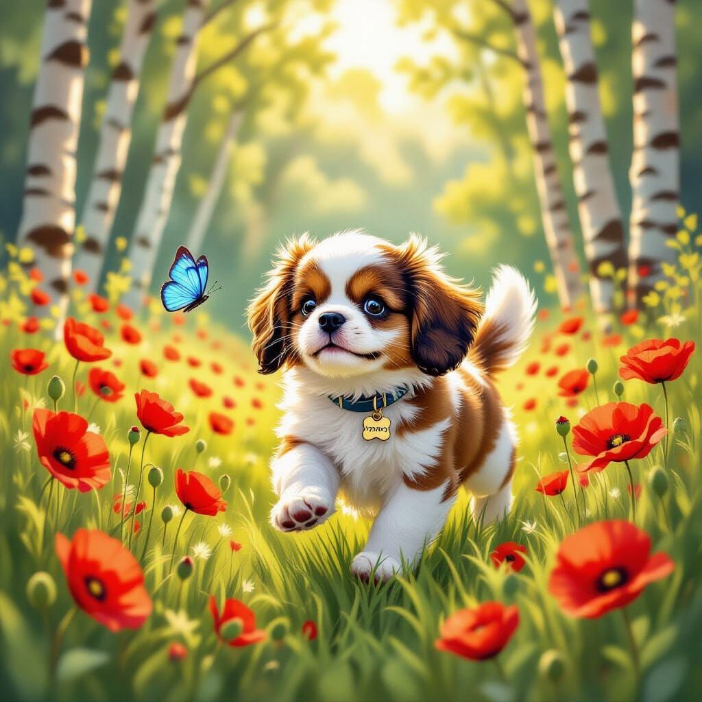Cavalier Puppy and Butterfly in Poppy Meadow