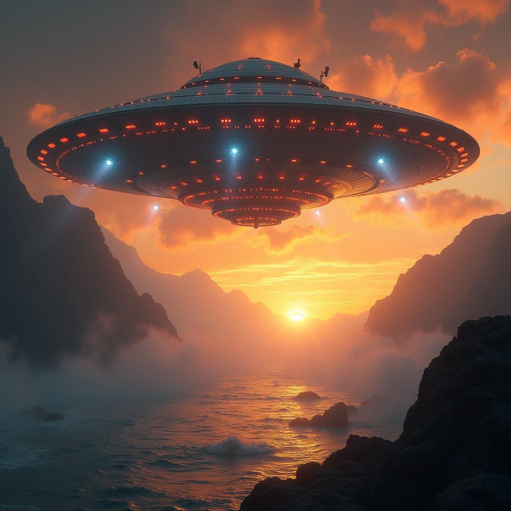 Giant UFO at Sunset: Surreal Landscape
