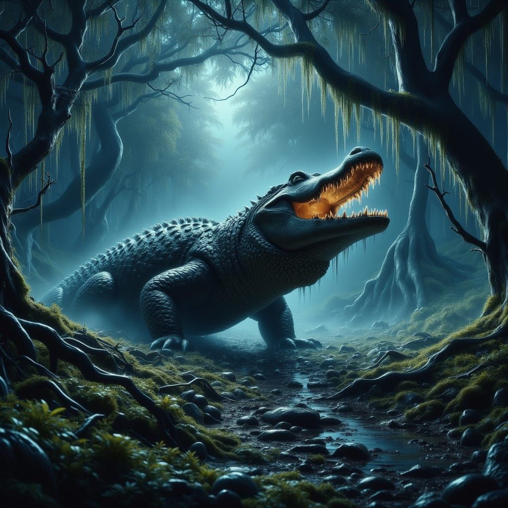 Bioluminescent Crocodile in Twilight Swamp