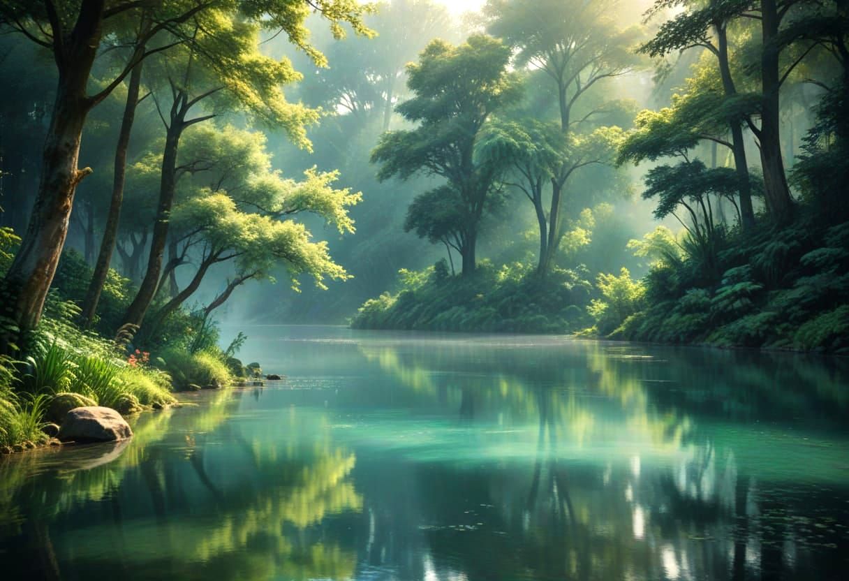 Idyllic Paradise Scene in Serene Hues