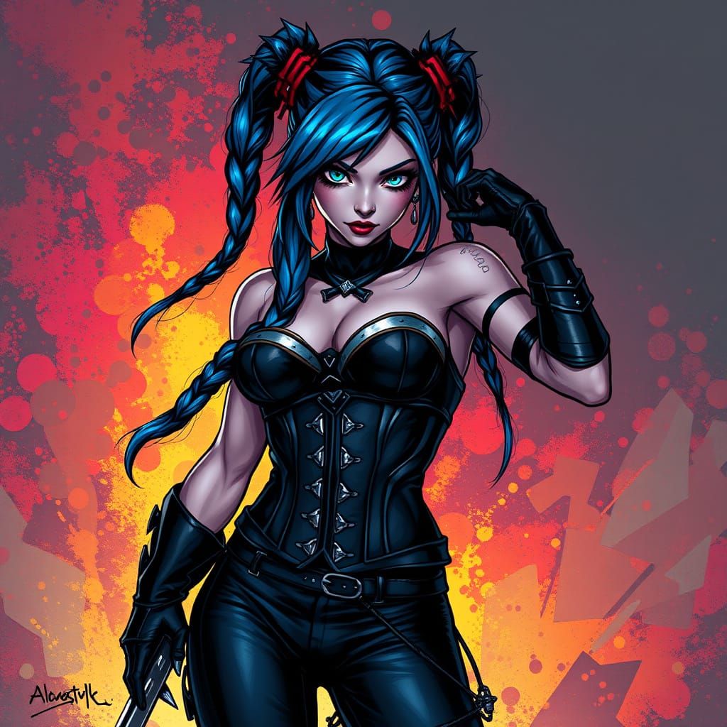 Edgy Assassin Female with Blue Braids in Comic Style