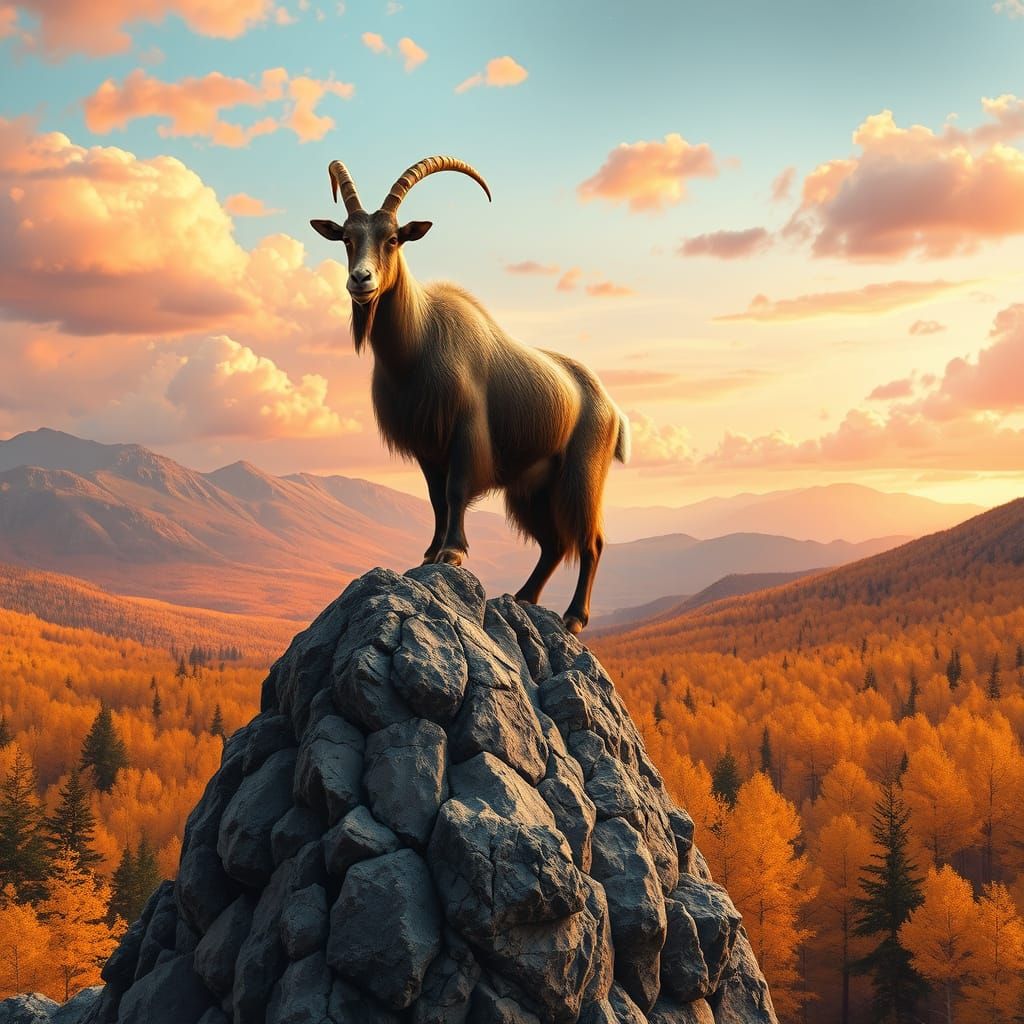 Surreal Autumn Scene with Majestic Mountain Goat