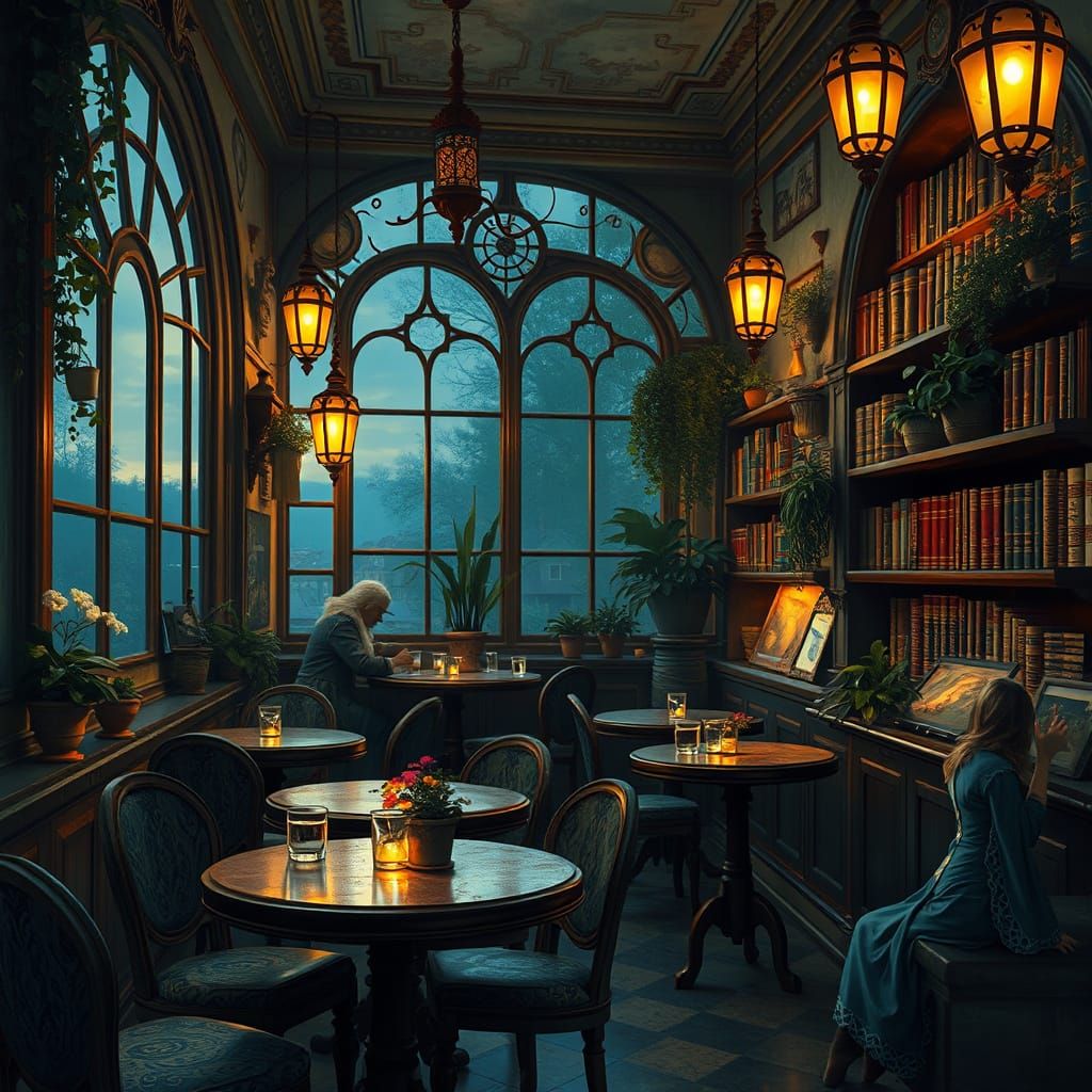 Enchanted Cafe at Dusk with Fairy Lights and Art Nouveau Sty...