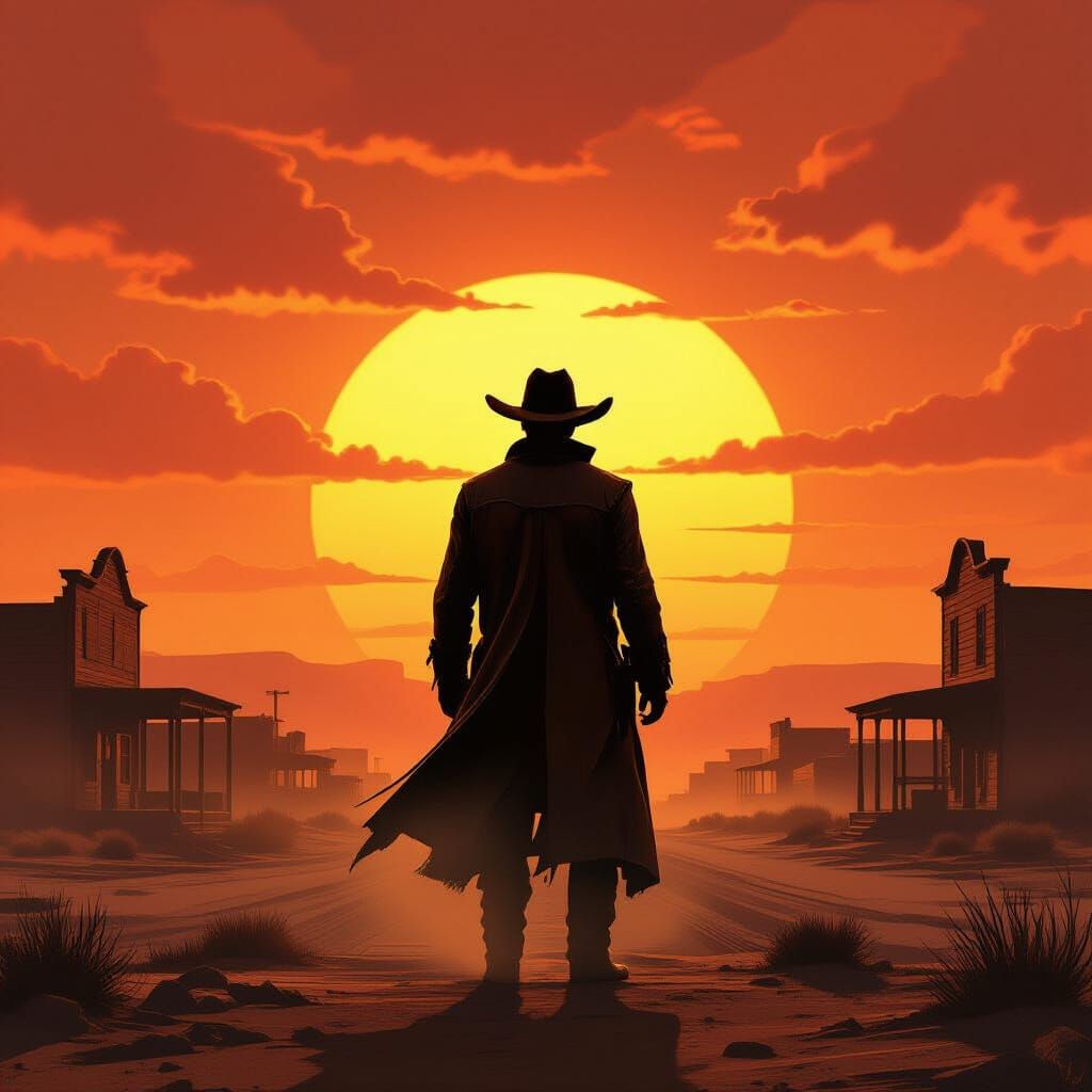 Lone Cowboy at Dusty Sunset in Frontier Town