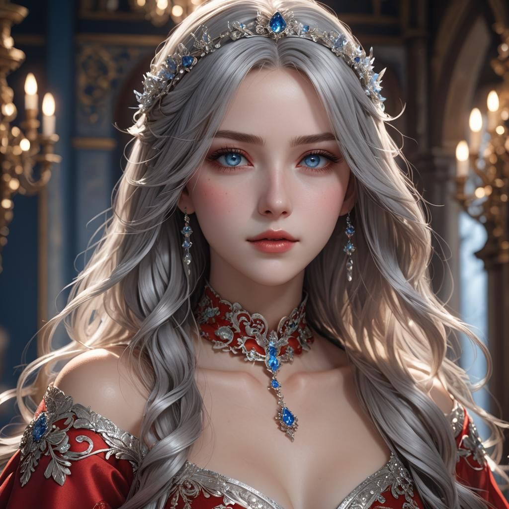 Silver-Haired Girl in Red Gown: 3D Anime Art