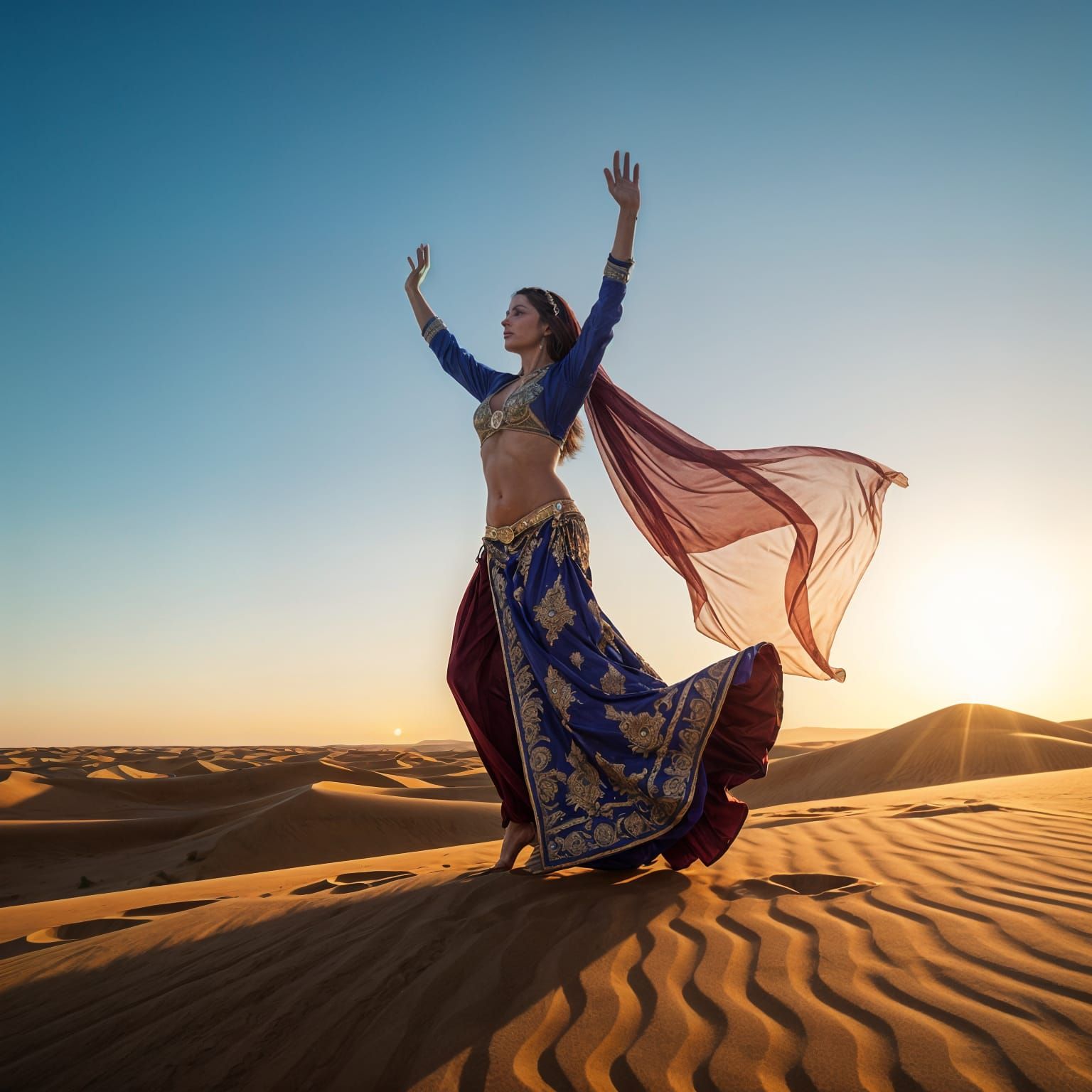 Belly Dancer on Desert Dunes in Golden Light