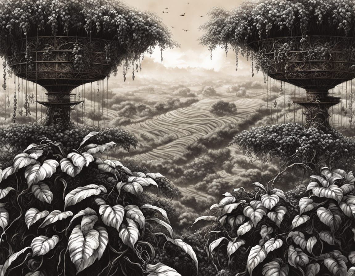 Luxurious Coffee Plantation Scene in Airbrush Art Style