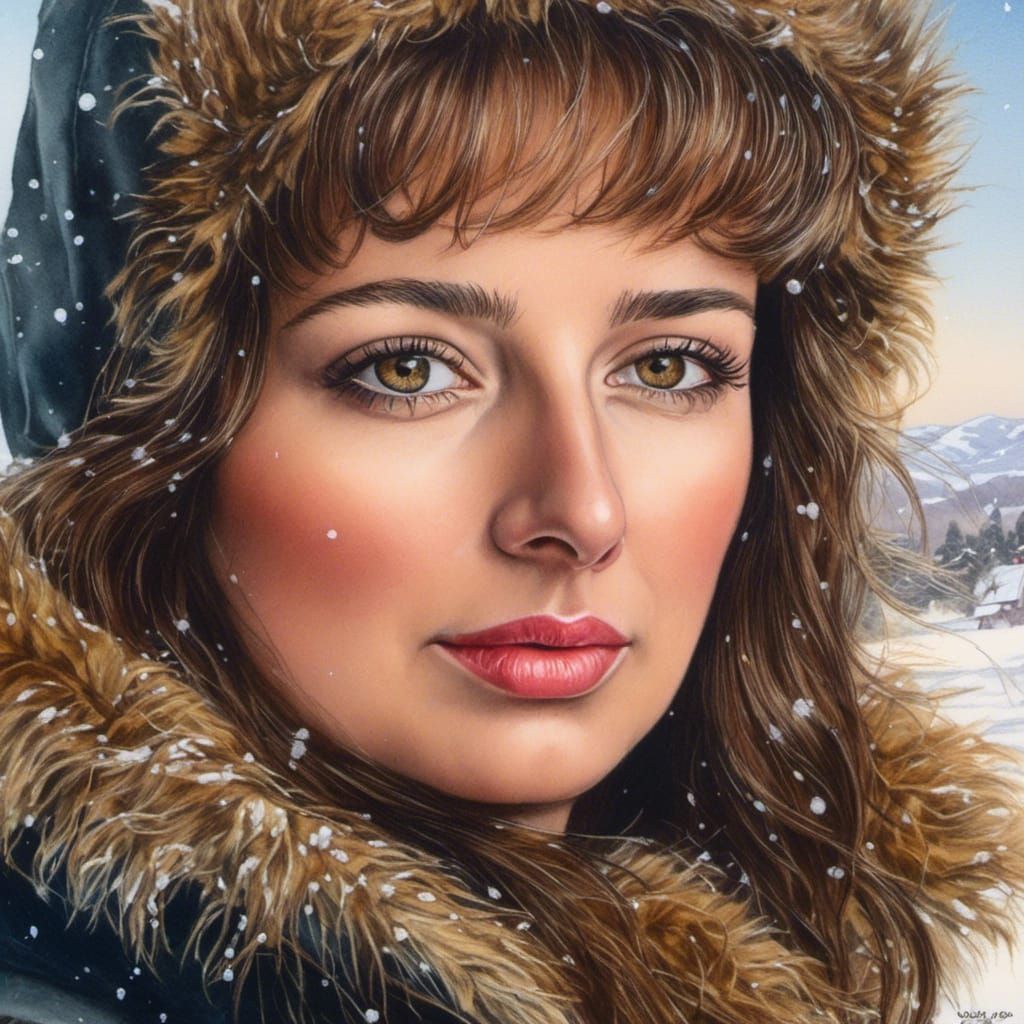 Woman in Russian Winter Attire: Watercolor Portrait