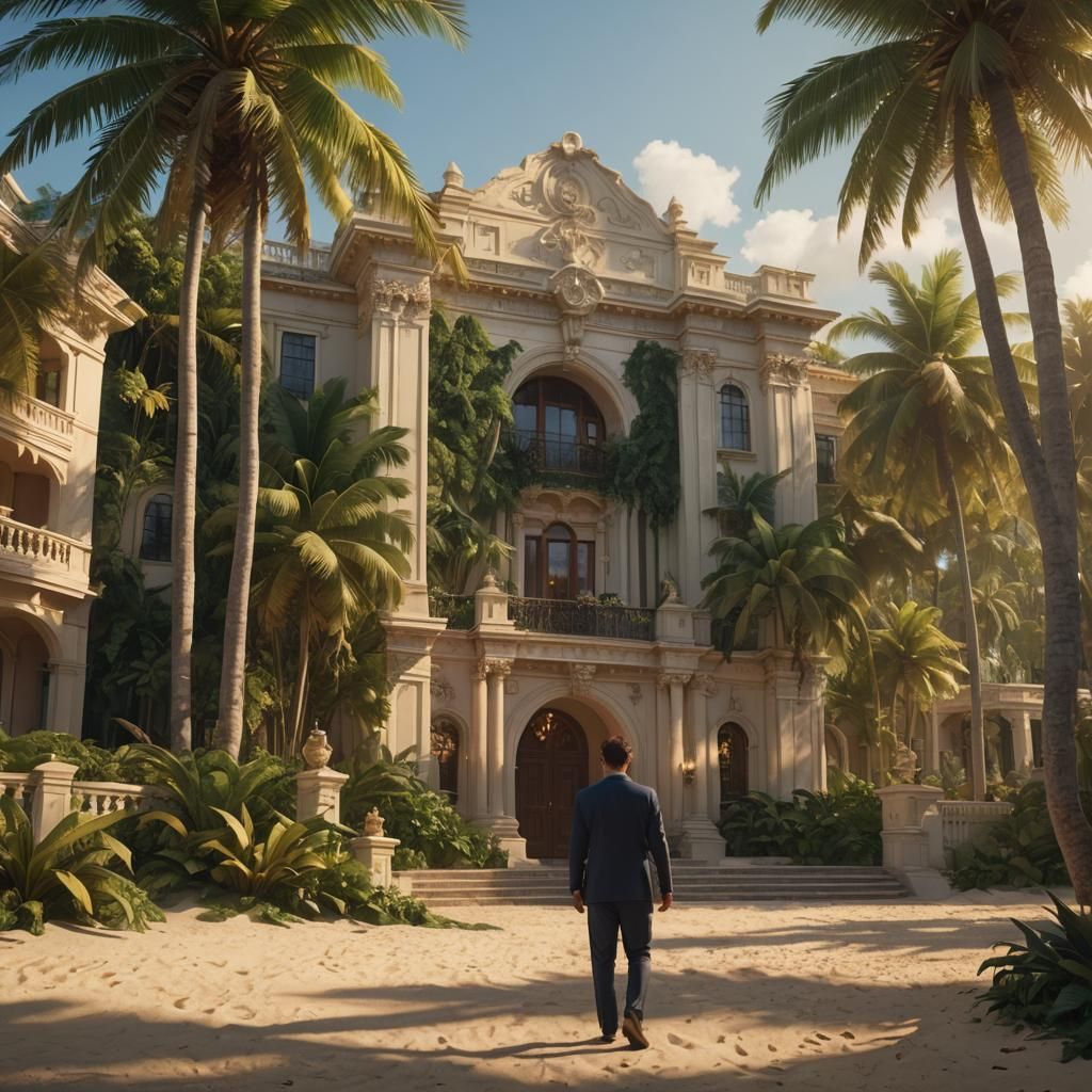 Luxurious Colonial Manor by the Beach in Golden Light