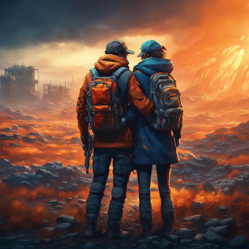 Post-Apocalyptic Embrace in a Desolate Landscape