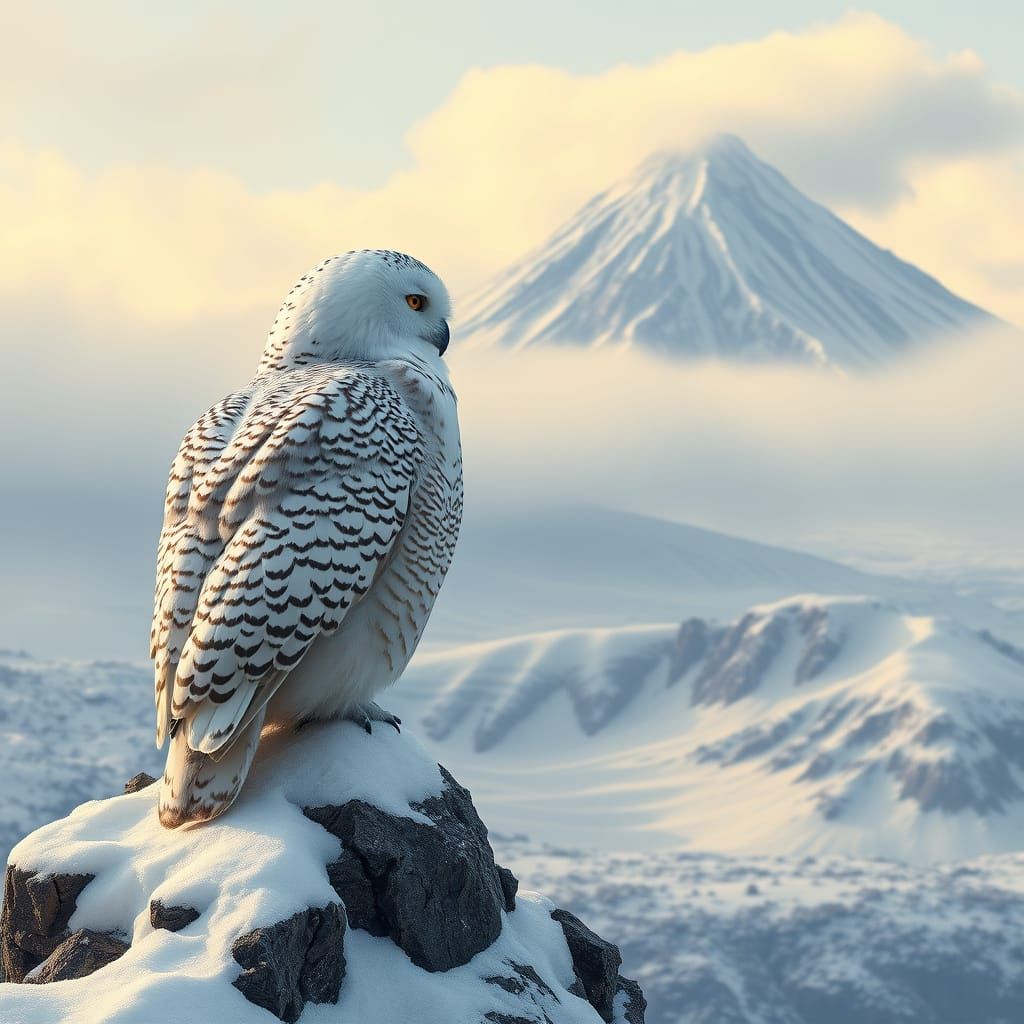 Majestic Snowy Owl on Rocky Outcropping near Volcano Landsca...