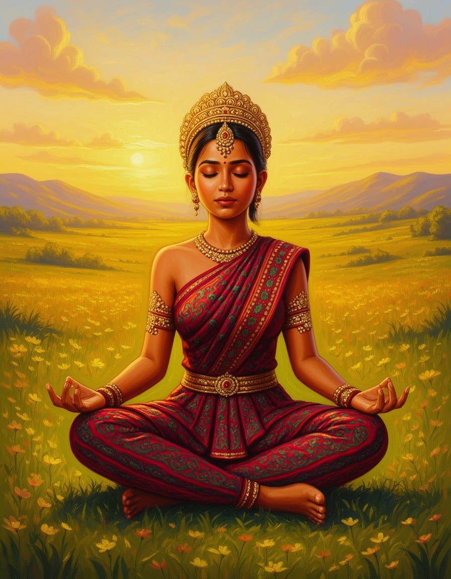 Meditative Hindu Woman in Pastoral Dawn, Illustrative Style