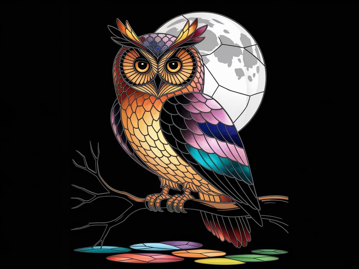 An owl crafted entirely from luminous stained glass