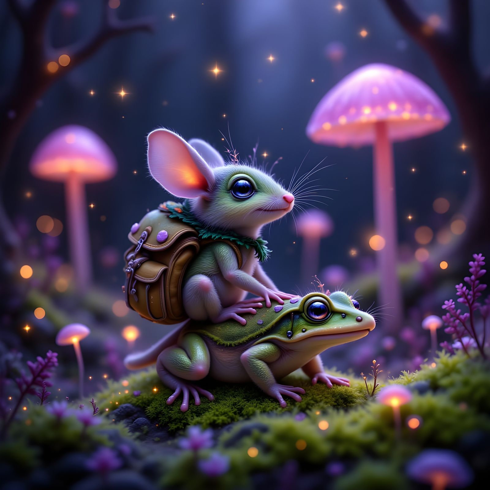 Mouse Rides Frog in Whimsical Glowing Forest