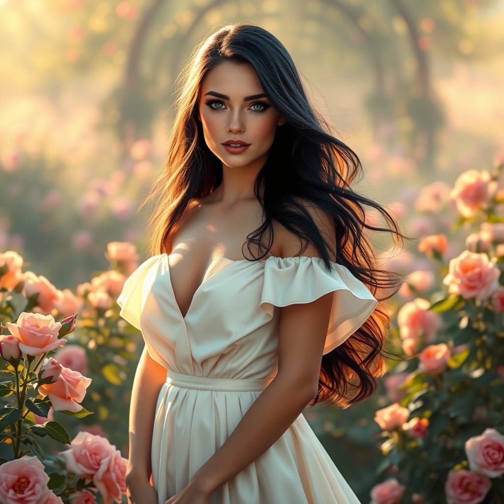 A soft, painterly portrait of a strikingly beautiful woman w...