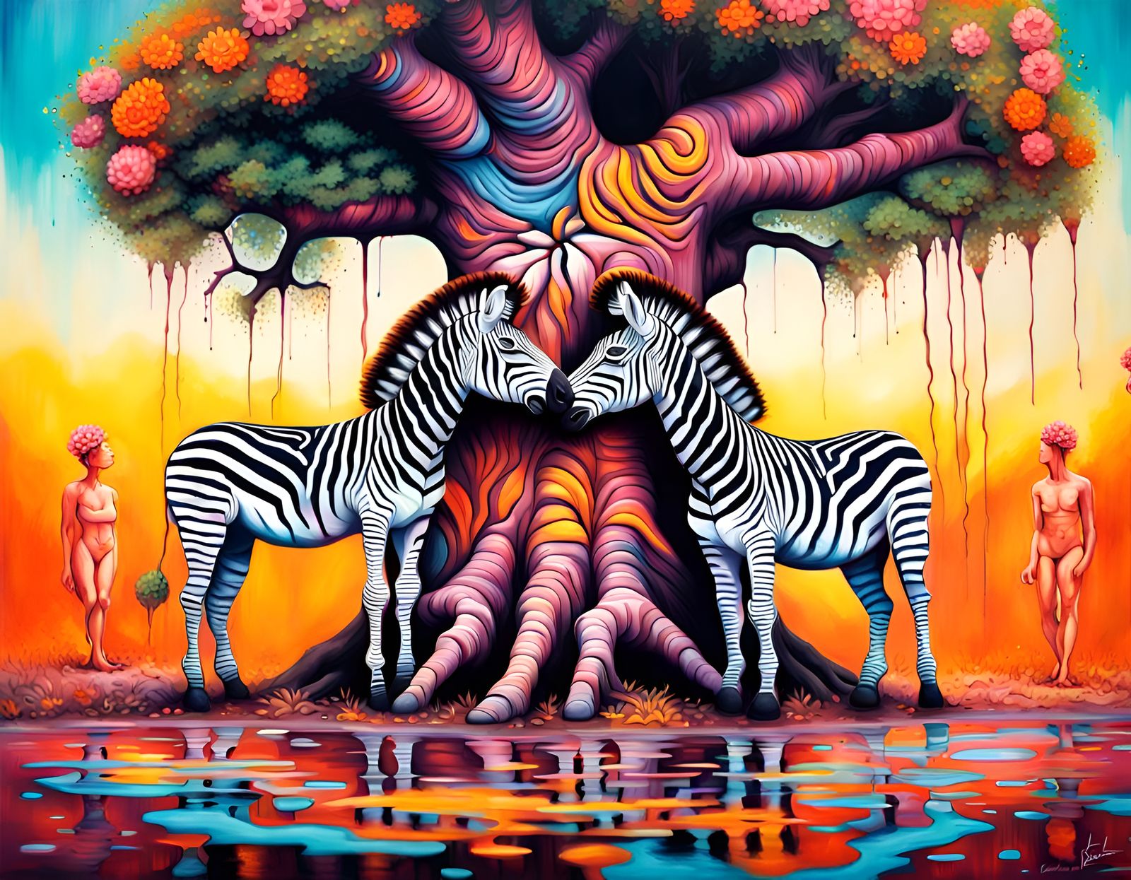 Zebras Under Baobab: Fantasy Graffiti Street Art