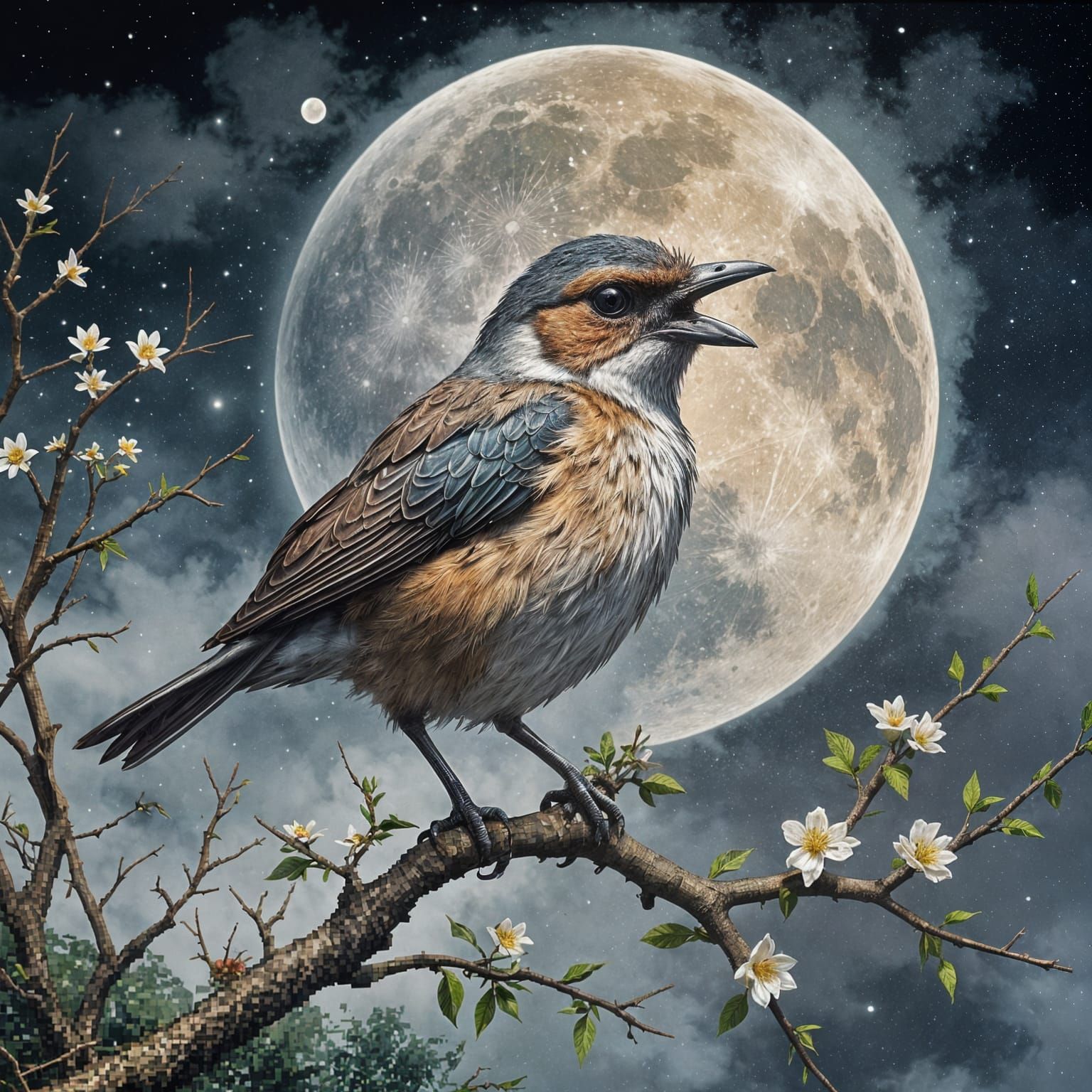 Bird Under Moon in Watercolor Style