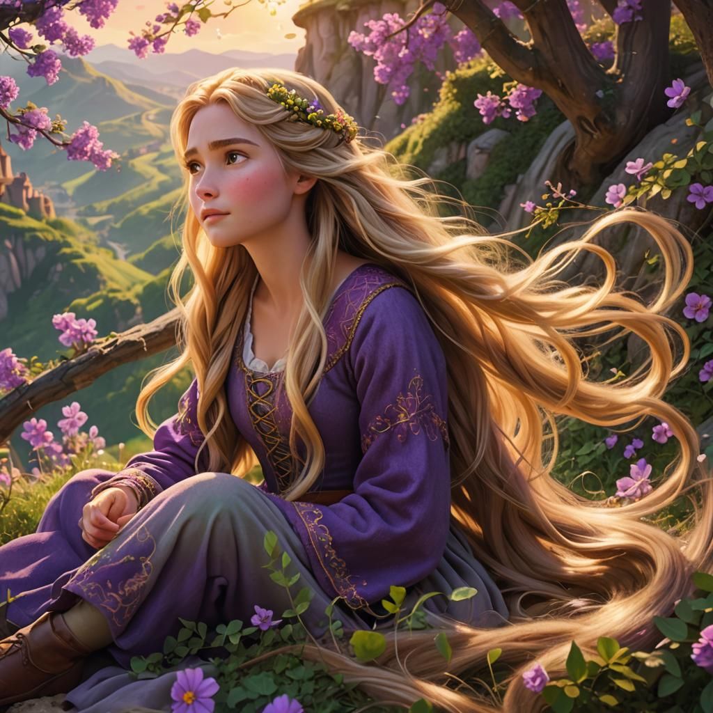 Rapunzel in Miyazaki-Inspired Fantasy Landscape
