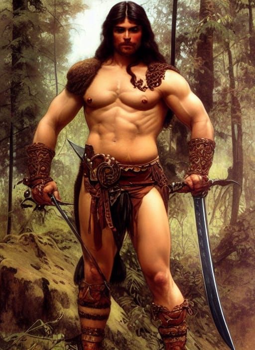 Handsome Barbarian with Curved Sword in Ornate Forest