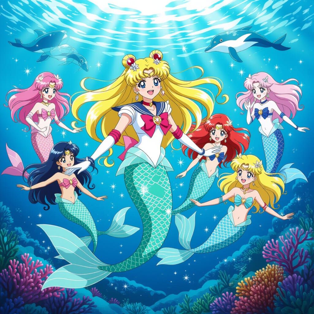 Sailor Moon as Mermaid with Friends in Vibrant Ocean