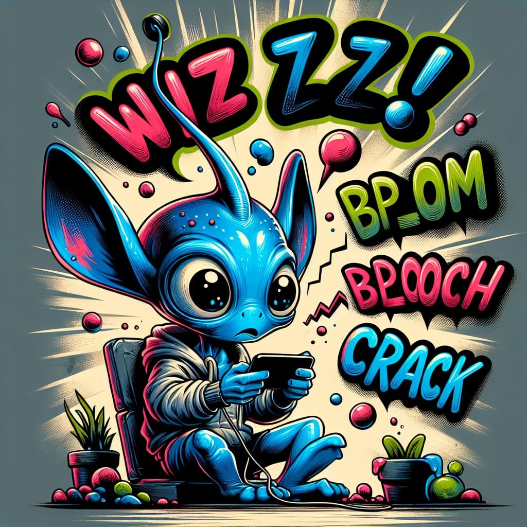 Blue Alien Gamer in Dark Room, Comic Illustration