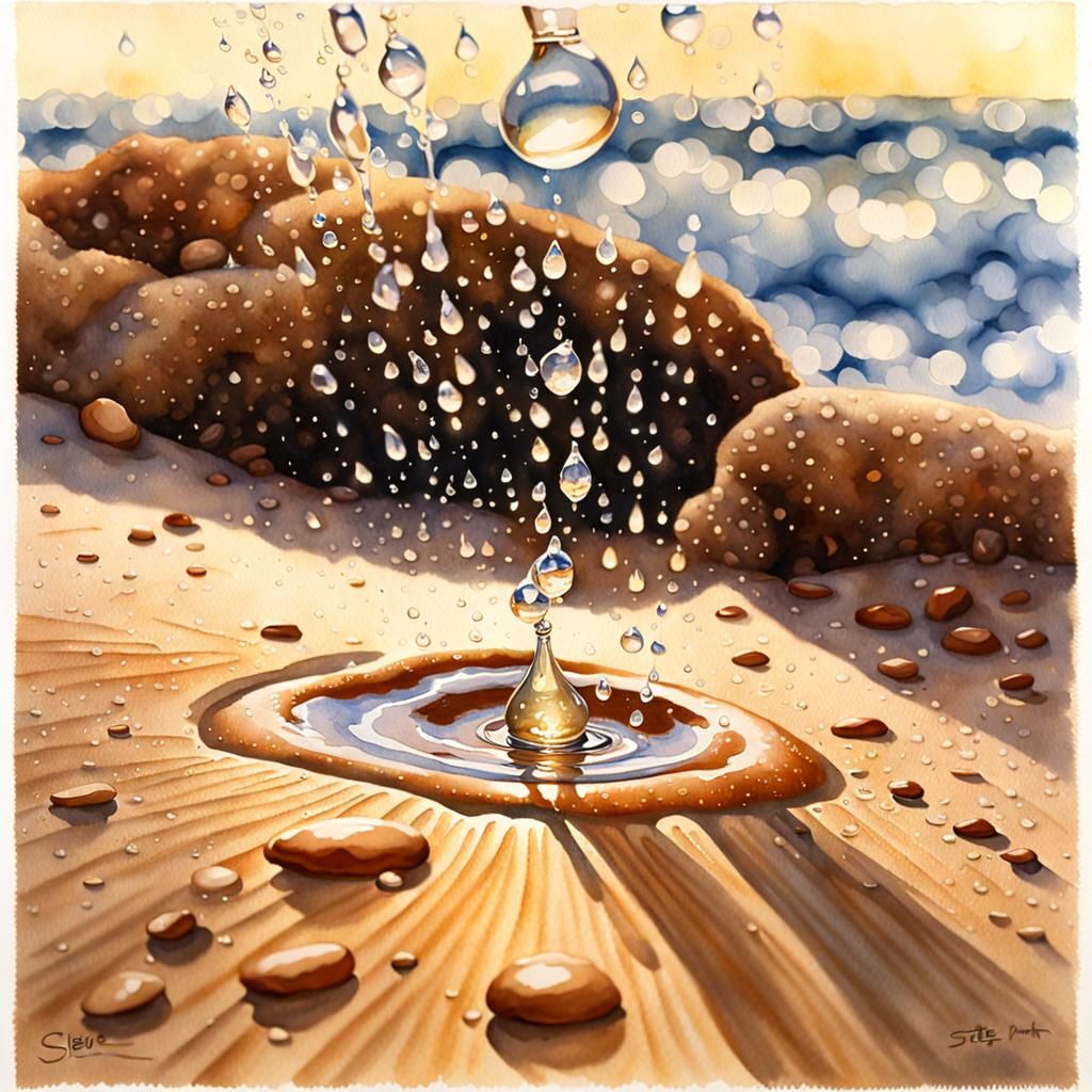 Raindrop Splashes on Desert Sand: Watercolor Realism