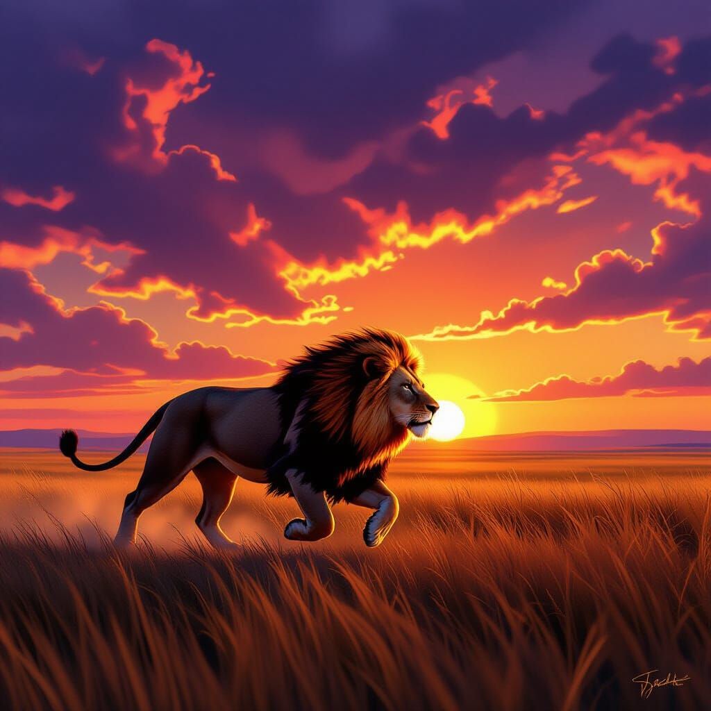 Lion Running at Sunset on Vast Savanna